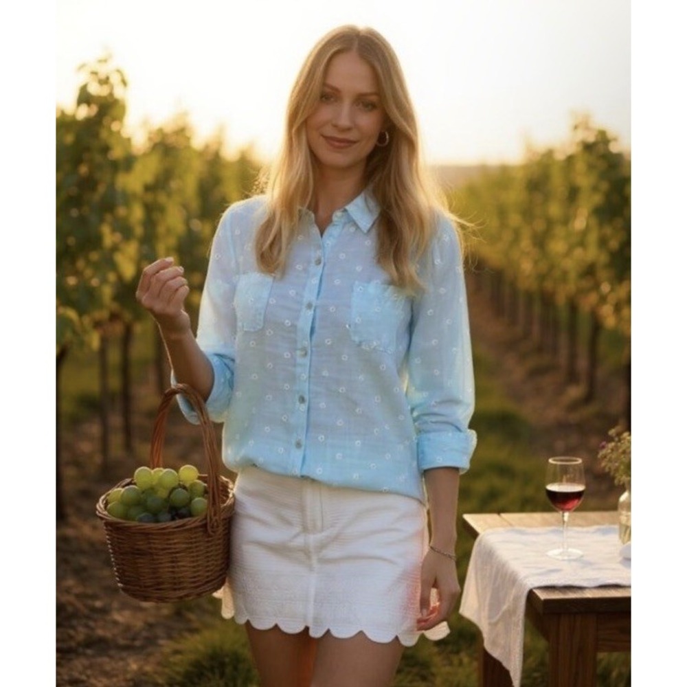 Lilly Pulitzer Sea View Shirt Women Small Blue Linen Daisy Embroidered Button Up